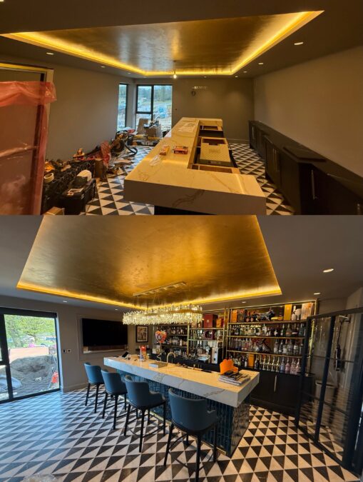 Luxury home bar with a metallic gold leaf ceiling effect and LED lighting, Cirencester