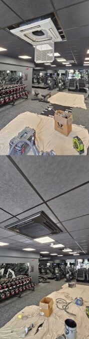 Professional black ceiling spray painting for a commercial gym interior in Gloucester by Tall Marek Ltd