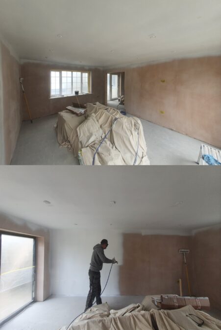 High-speed airless spray painting of internal walls and ceilings in a Tewkesbury home by Tall Marek Ltd