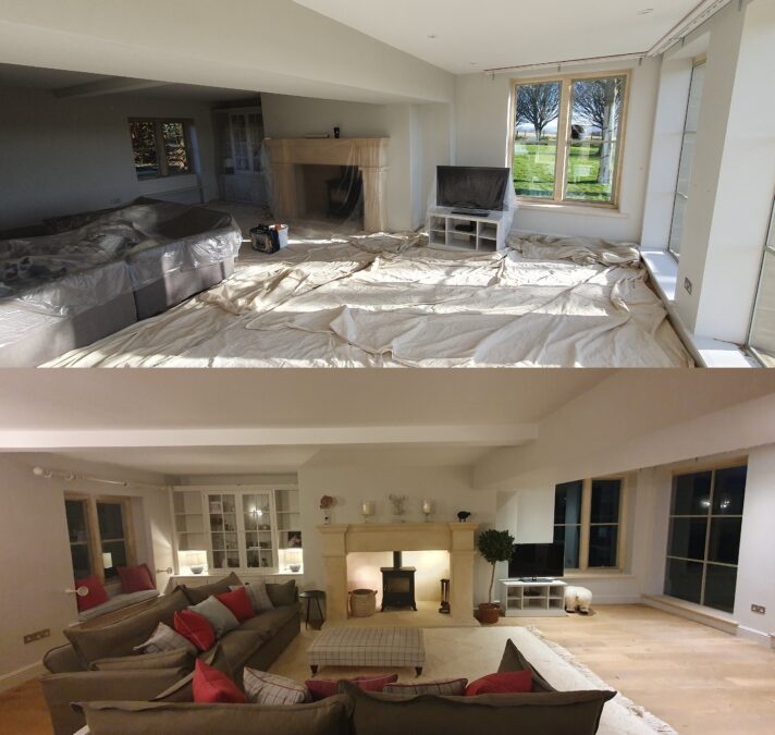Before and after of a large living room renovation with a stone fireplace and neutral walls, Cirencester