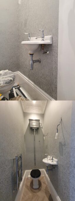 Luxury silver leaf wallpapering in classic cloakroom Cheltenham