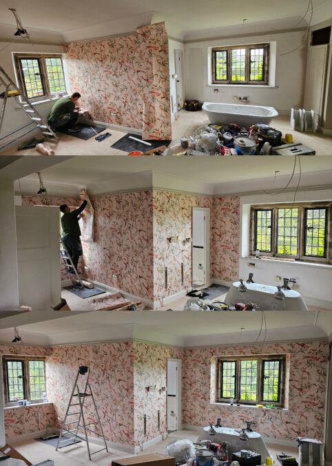 Elegant pink bird pattern wallpapering period property Cotswolds