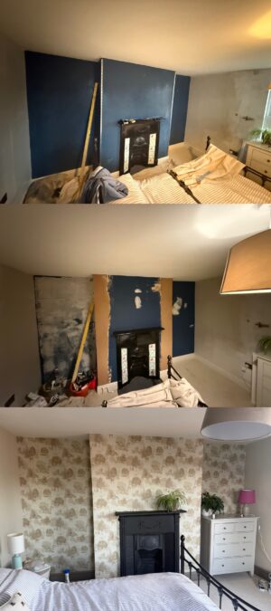 Classic toile pattern wallpaper installation around fireplace Gloucestershire