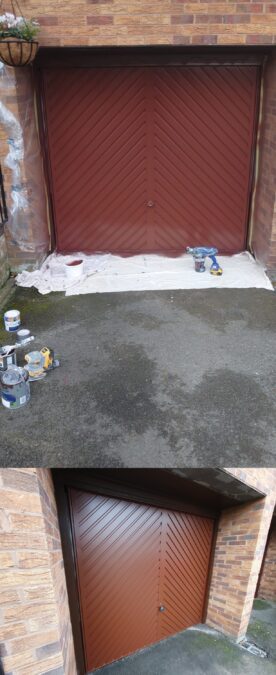 Bespoke spray painting of a chevron-style garage door in Cheltenham by Tall Marek Ltd