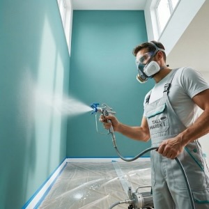 Decorator in a protective mask using an airless spray gun to apply a uniform teal paint finish to large interior walls with precision.