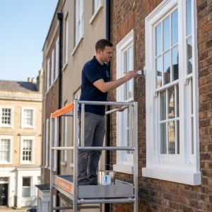 A professional decorator on a silver tower scaffold painting white wooden sash windows on a traditional red brick building facade.