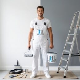 Professional painter in clean white branded overalls holding a paint roller and bucket, standing in a modern residential interior.