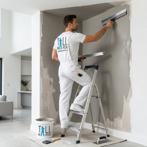 Expert plasterer using a professional metal trowel to apply a smooth grey skim coat to an interior wall for a perfect finish.